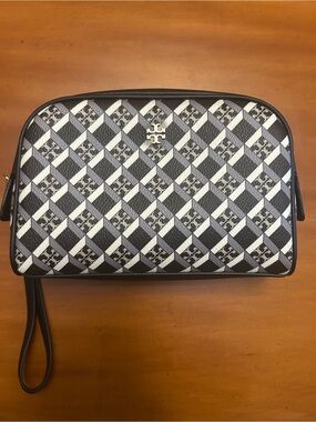 Tory Burch Black and White Geometric Monogram Wristlet Clutch
